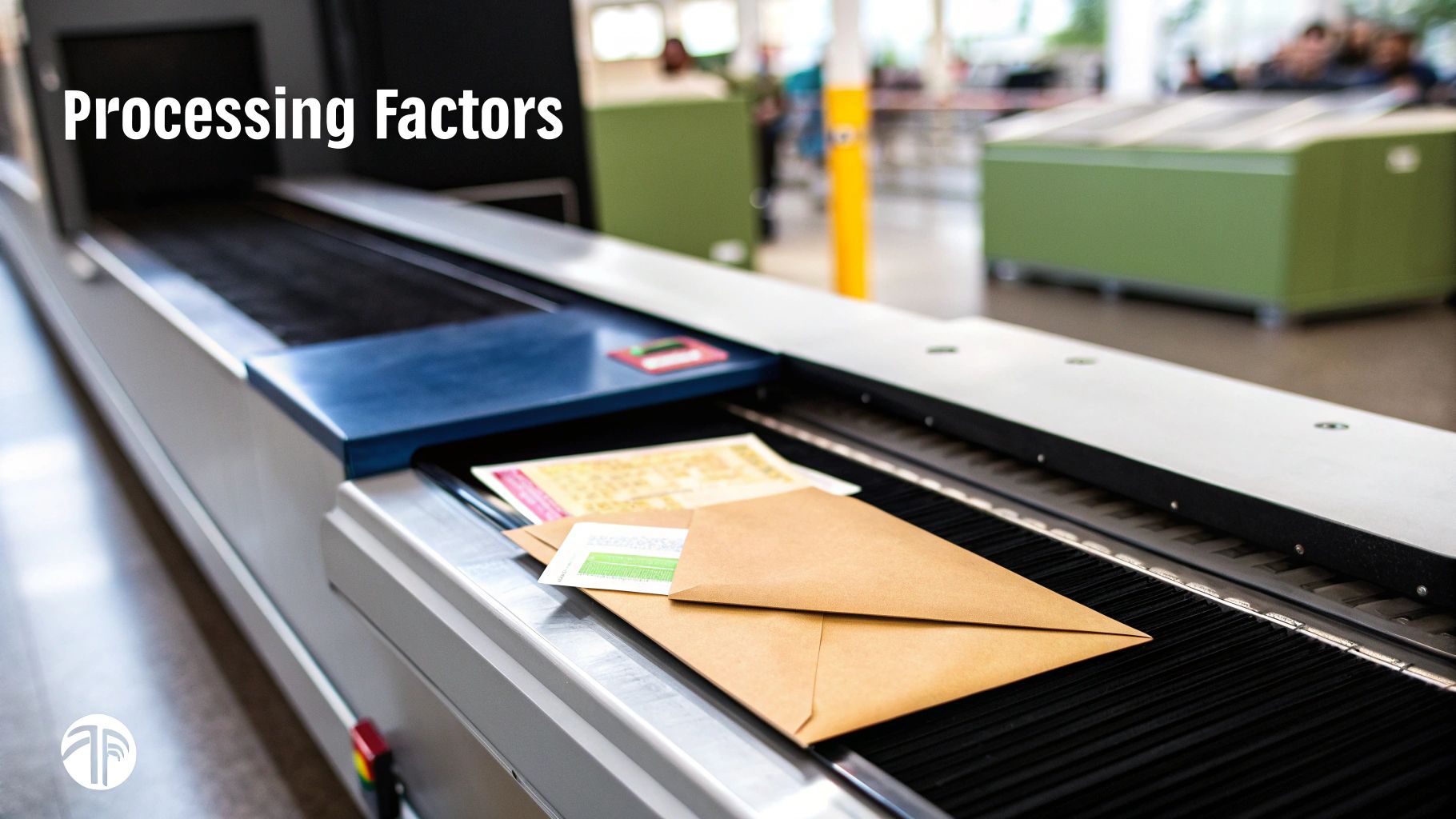 Mail and documents move along a black conveyor belt system in a processing facility, with text 'Processing Factors'.