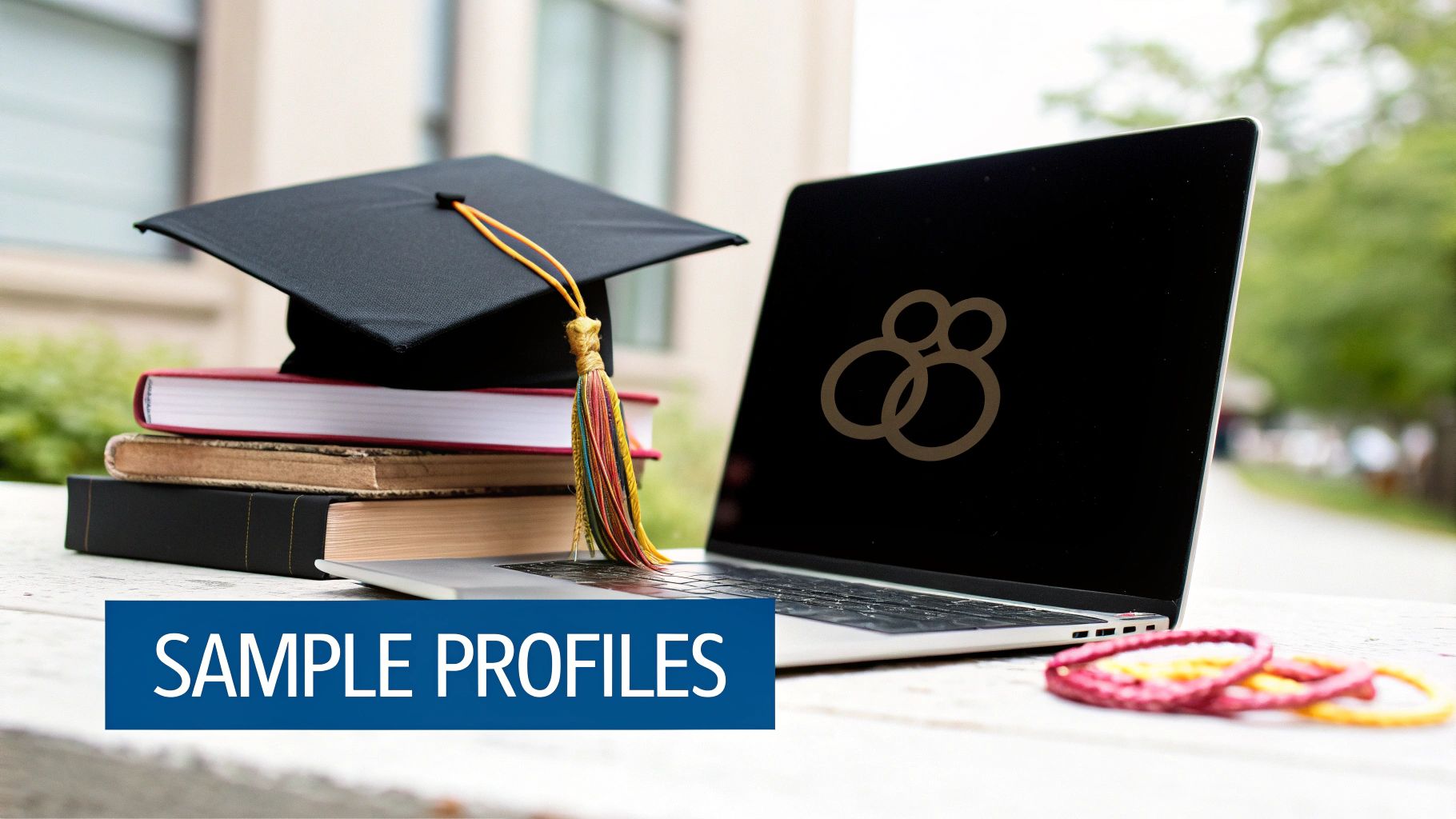 Graduation cap, colorful tassel, stacked books, and laptop on a wooden table outdoors.