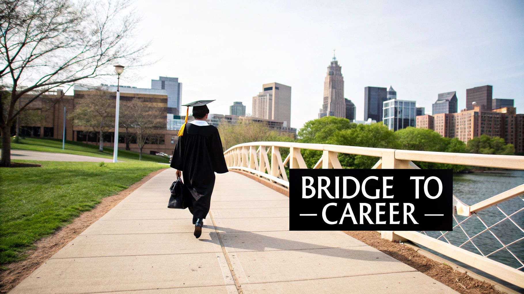 A person in a graduation gown and cap walks on a bridge towards a city skyline, with "BRIDGE TO CAREER" overlay.