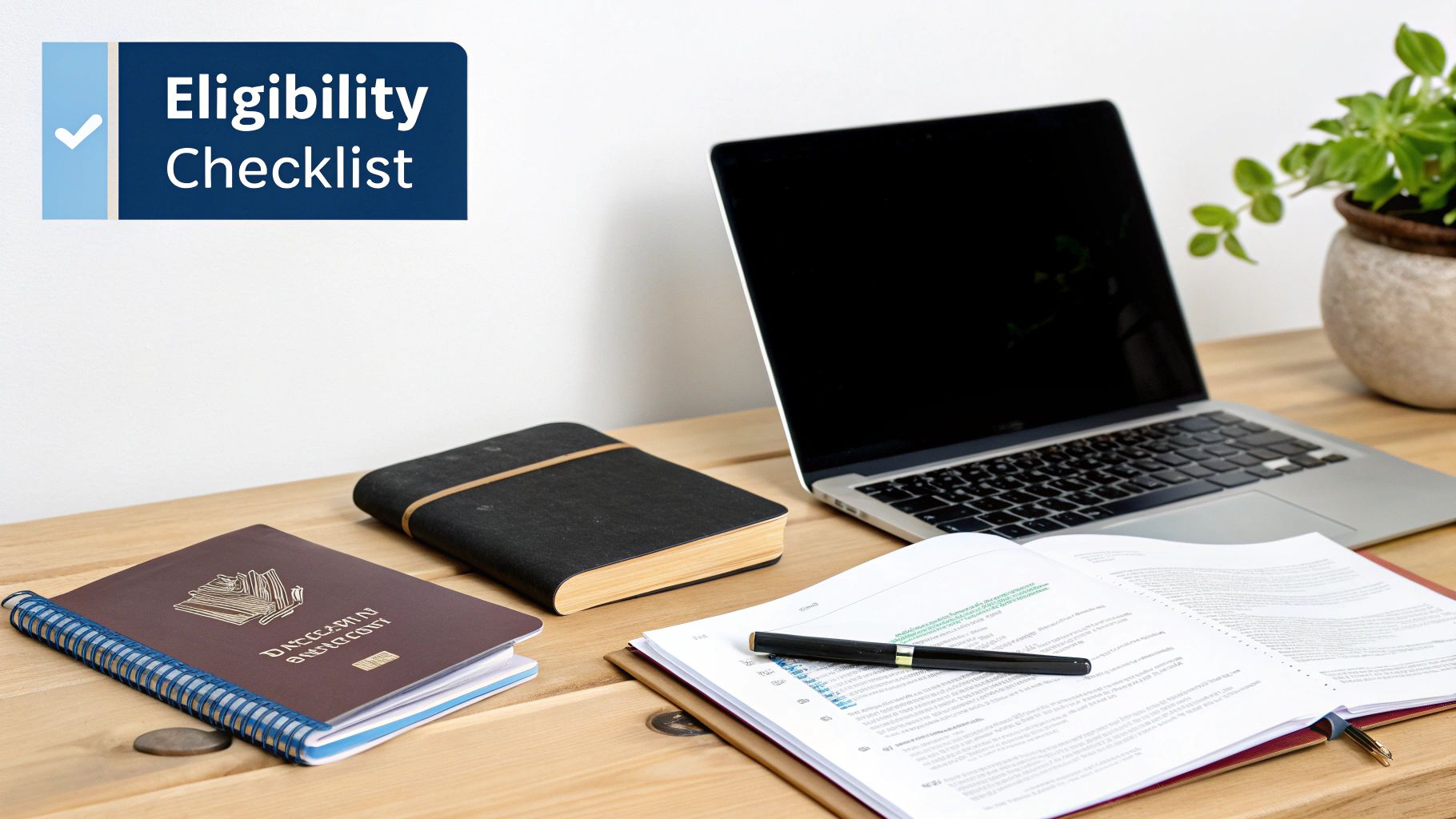 Workspace with an "Eligibility Checklist" graphic, laptop, documents, and books on a wooden desk.