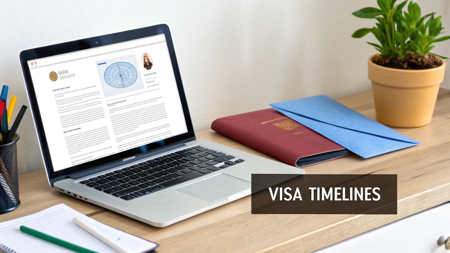 A well-lit workspace with a laptop, passport, and blue envelope on a wooden desk, symbolizing visa timelines.