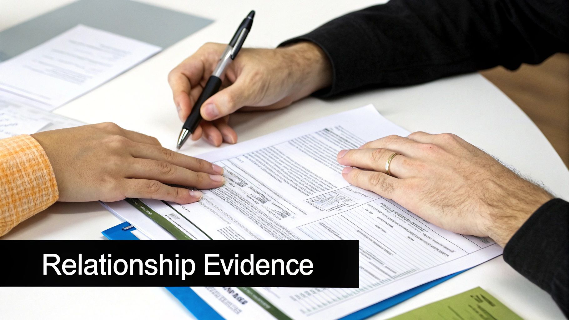 Two people's hands reviewing relationship evidence documents on a table, one person writing with a pen.