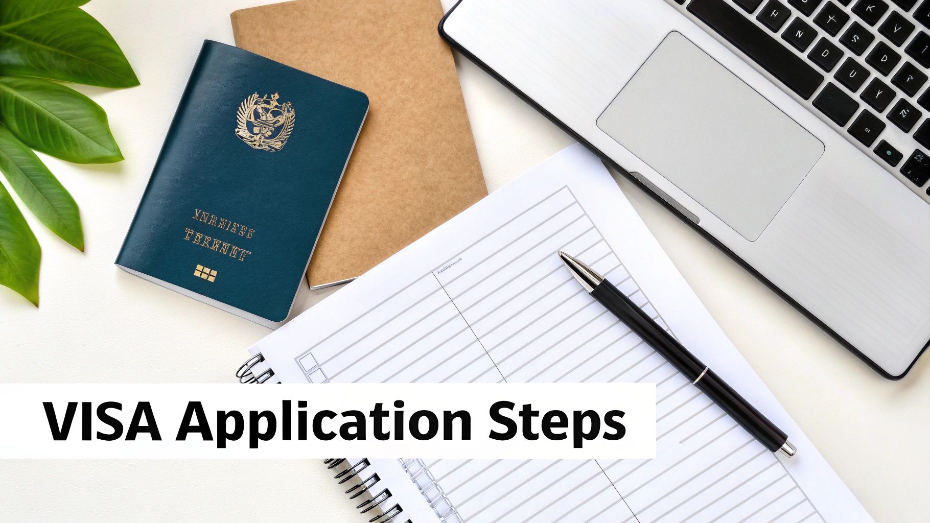 A passport, laptop, pen, and application form on a white desk with green leaves, depicting visa application.