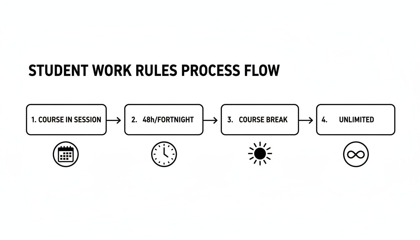 Process flow outlining student work rules: 48h/fortnight during course, unlimited during course break.