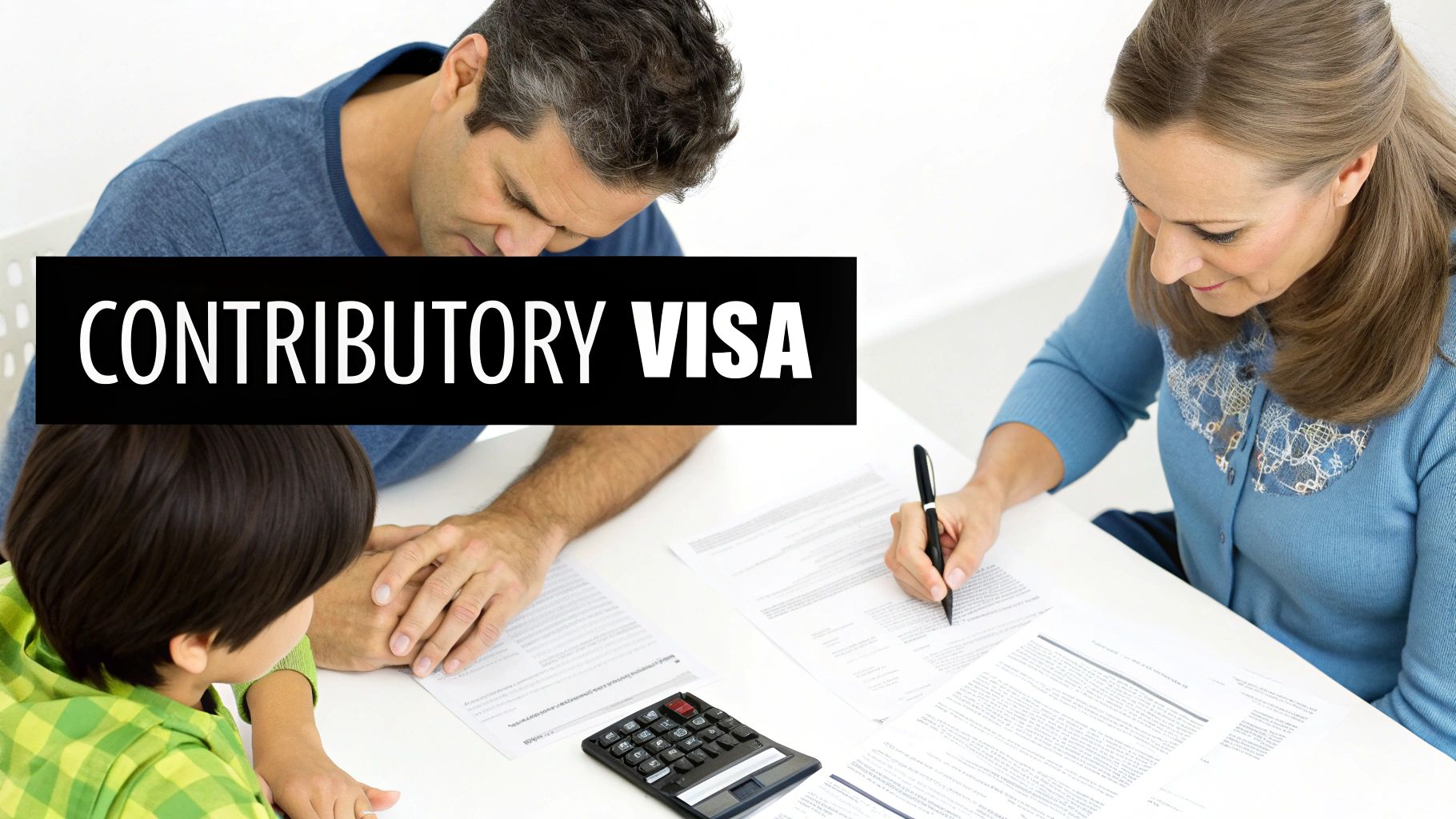 A family reviews documents and uses a calculator while applying for a contributory visa.