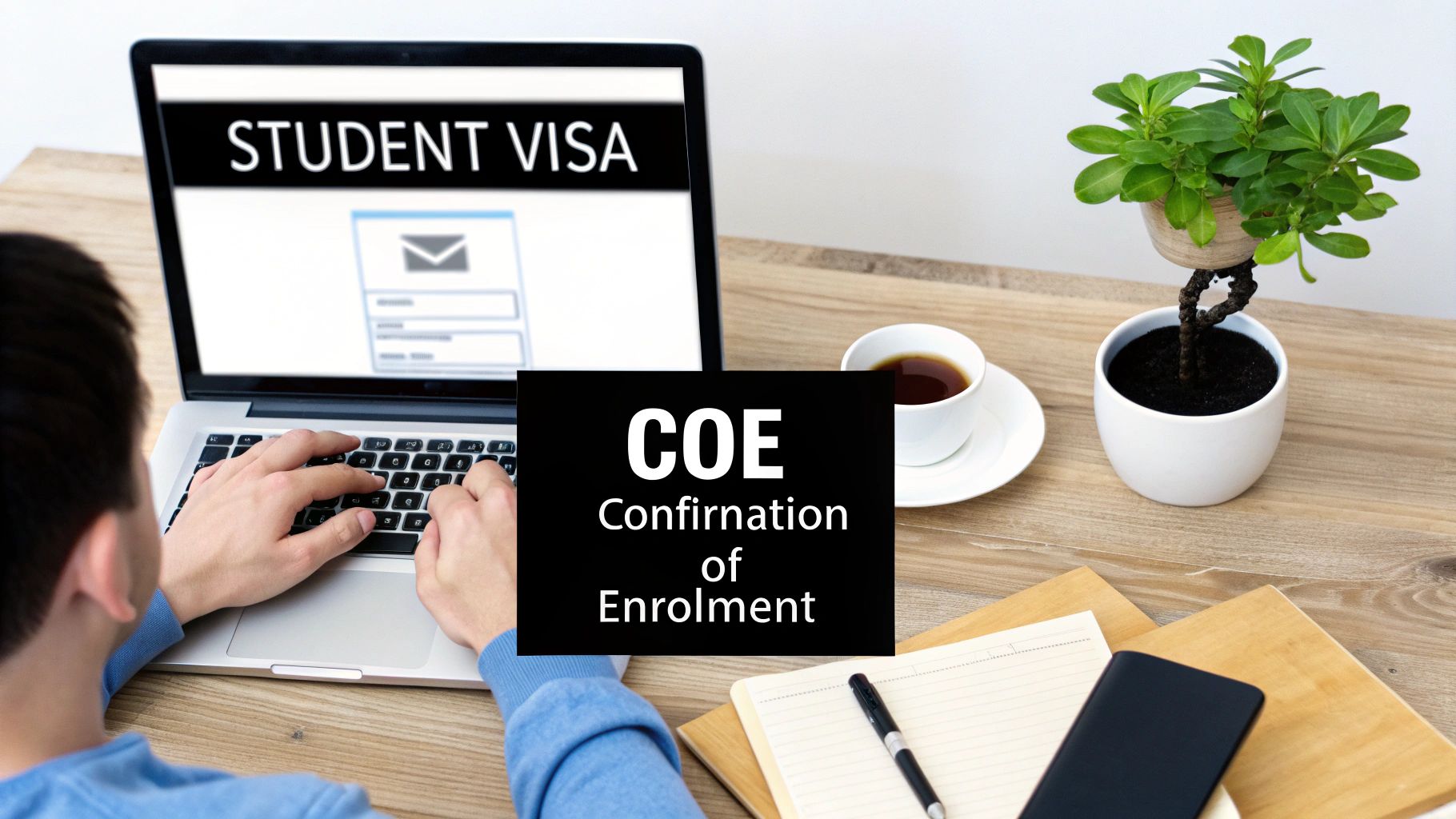 A person types on a laptop showing 'STUDENT VISA' with an overlay of 'COE Confirmation of Enrolment'.