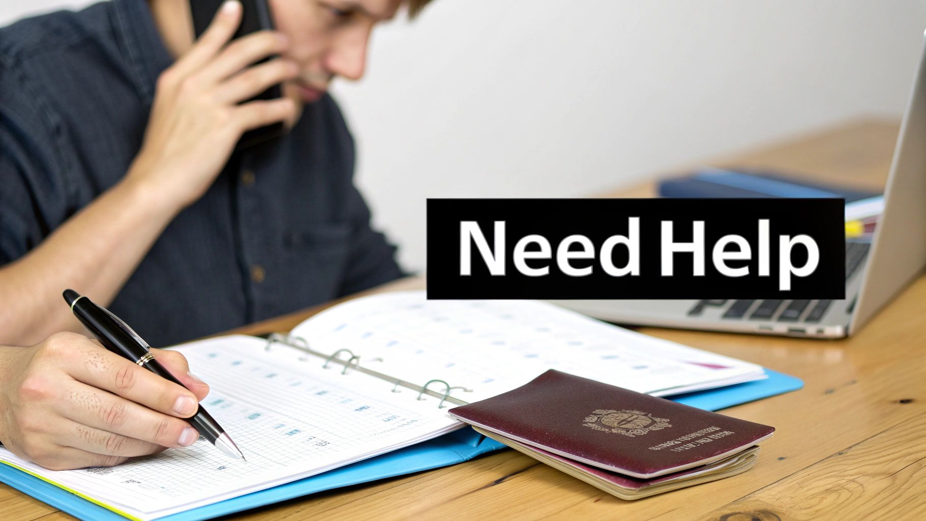 A person on the phone while writing in a planner, with passports and a laptop on a desk, and a 'Need Help' overlay.