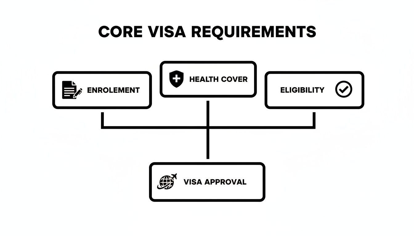 A flowchart illustrating core visa requirements: enrolment, health cover, and eligibility, all leading to visa approval.