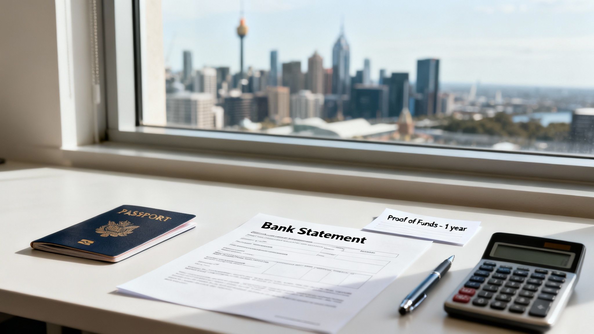 A US passport, bank statement, proof of funds note, calculator, and pen on a desk with a city view.