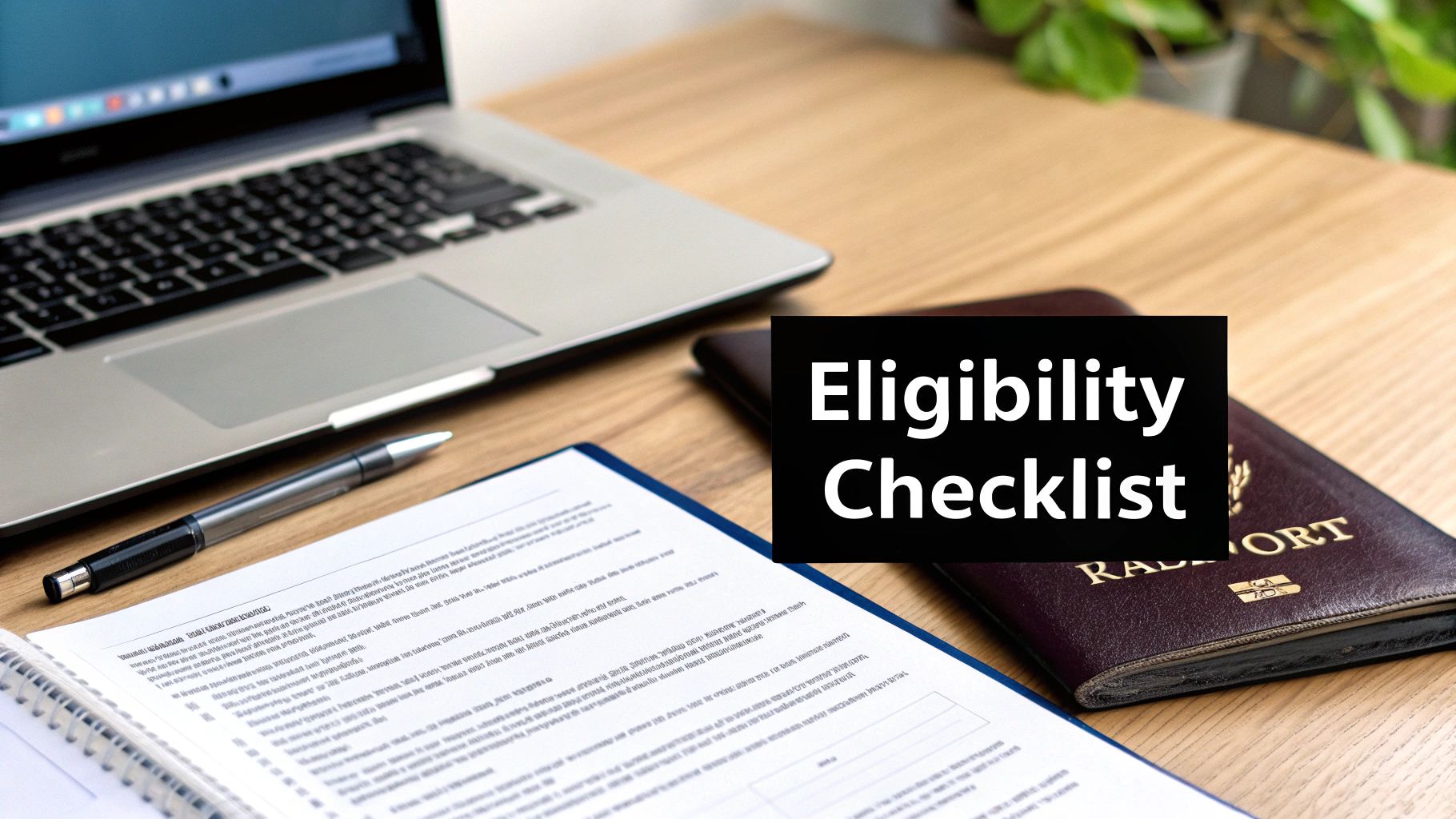 Desk with laptop, pen, document, and passport, featuring an 'Eligibility Checklist' text overlay.