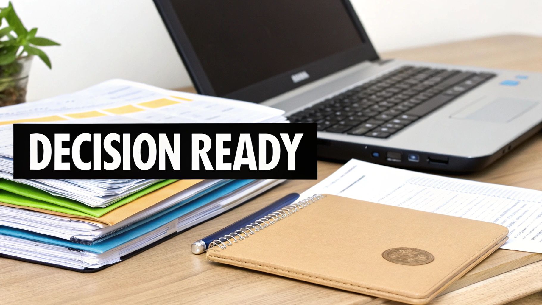 A desk with a laptop, stacked files, and a notebook, displaying a 'DECISION READY' banner.