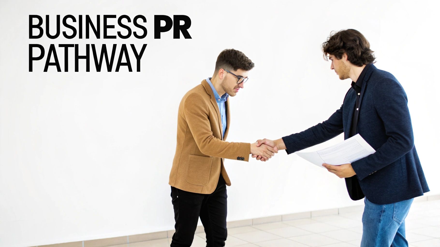 Professional men shaking hands in an office, illustrating a business PR pathway.