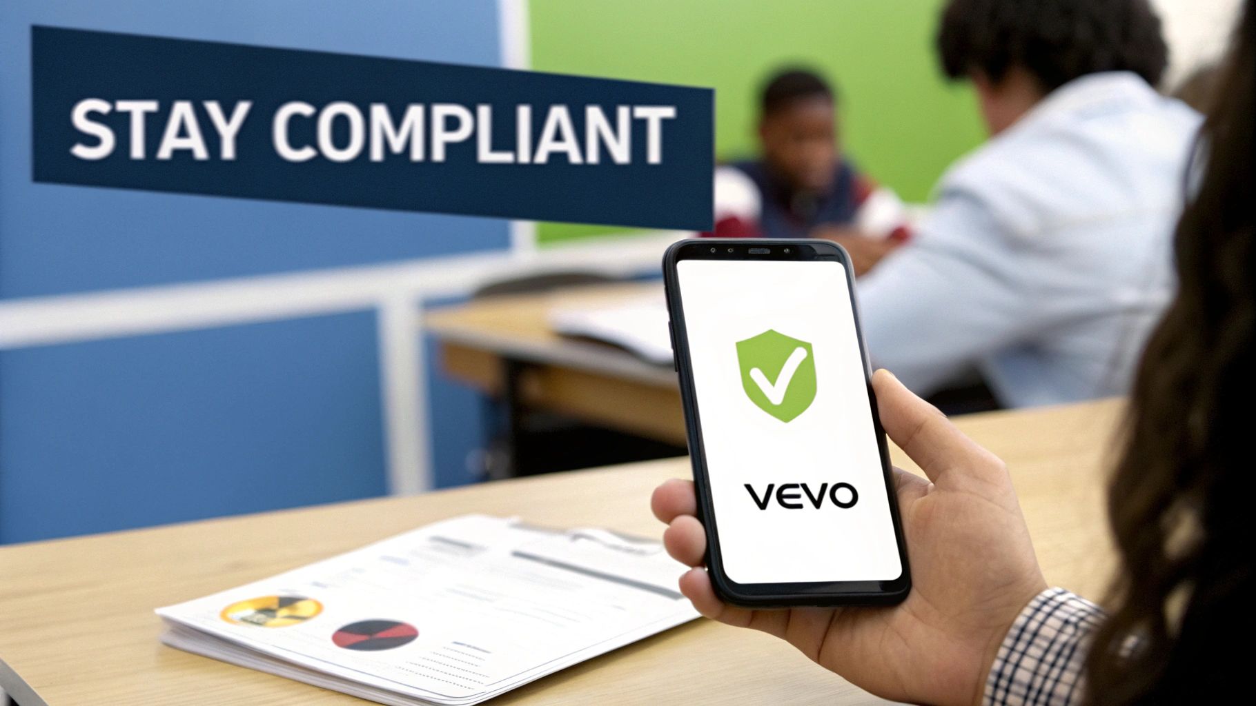 A person holds a smartphone displaying a VEVO compliance app with a checkmark, beside a 'STAY COMPLIANT' sign.