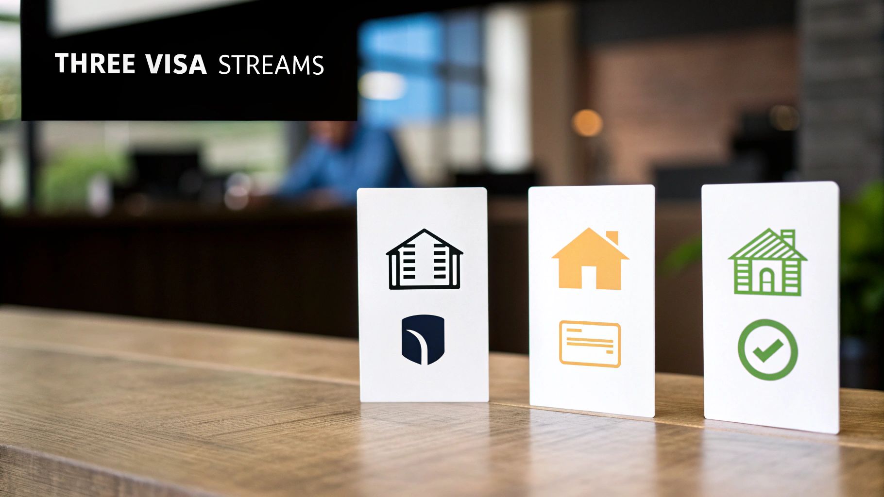 Three white cards on a wooden table, each with icons representing different visa streams.