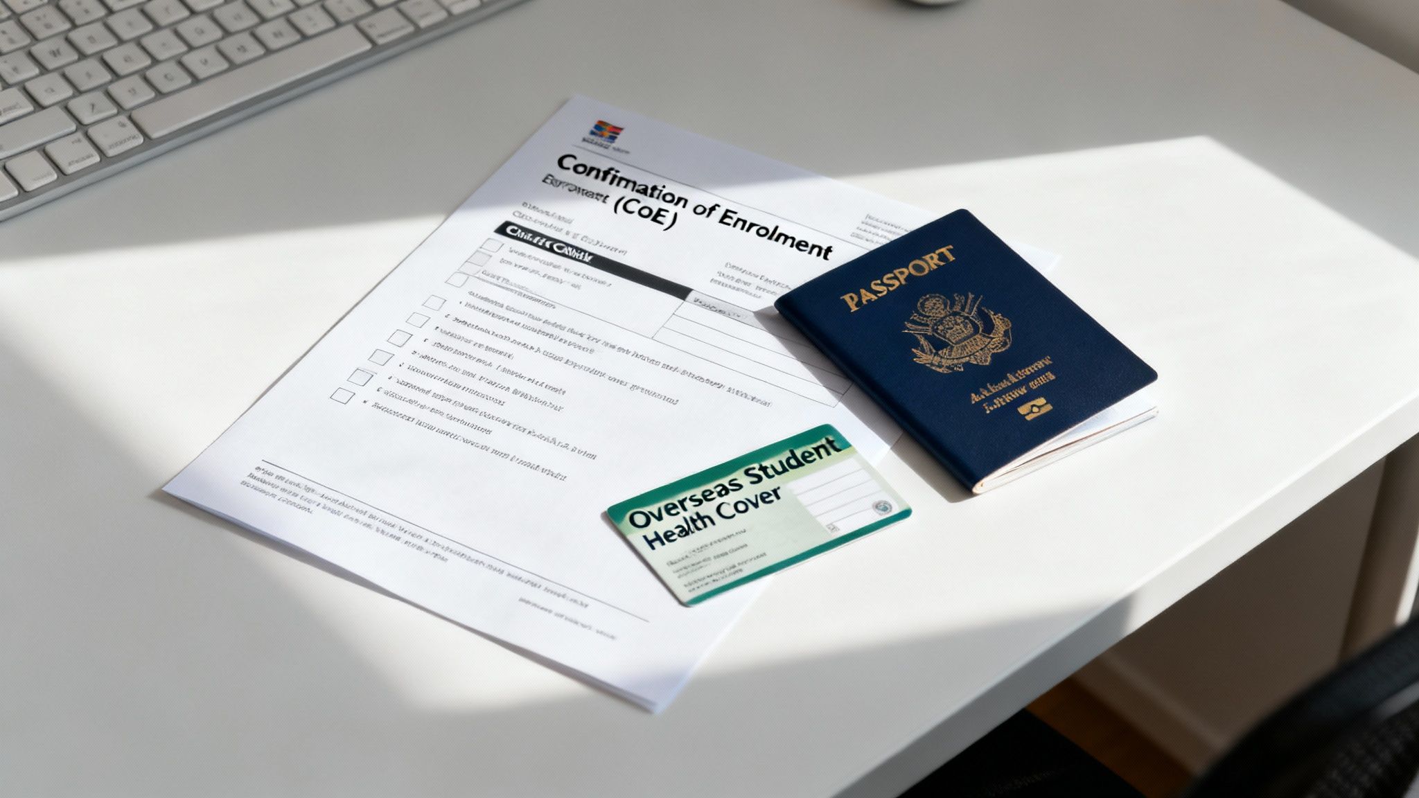 A flat lay shows a Confirmation of Enrolment document, a passport, and an Overseas Student Health Cover card on a desk, essential for study abroad.