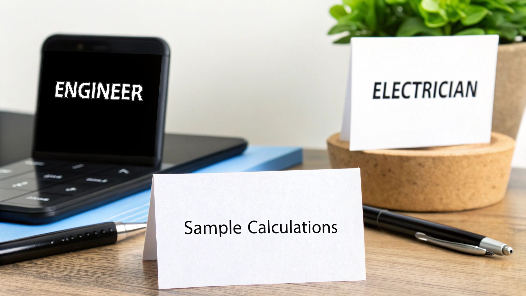 A desk setup with a smartphone showing 'ENGINEER', cards displaying 'ELECTRICIAN' and 'Sample Calculations', alongside pens and a plant.