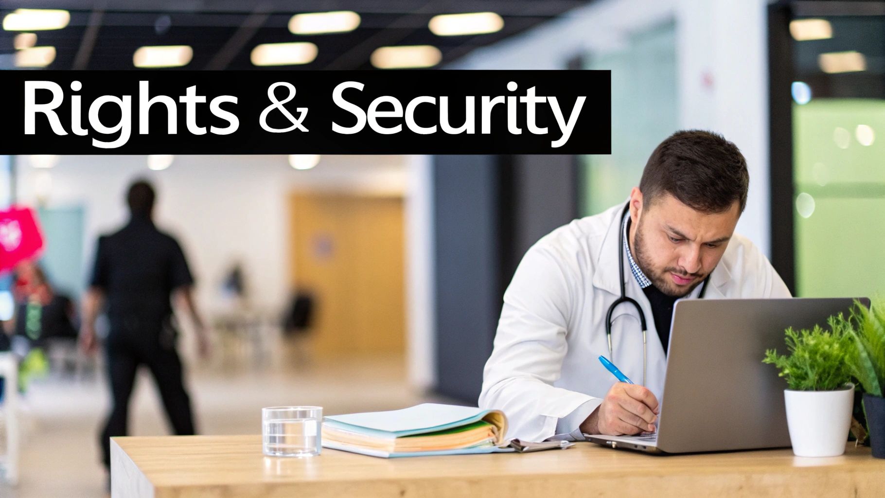 A doctor in a white lab coat writes at a desk with a laptop, under a 'Rights & Security' banner.