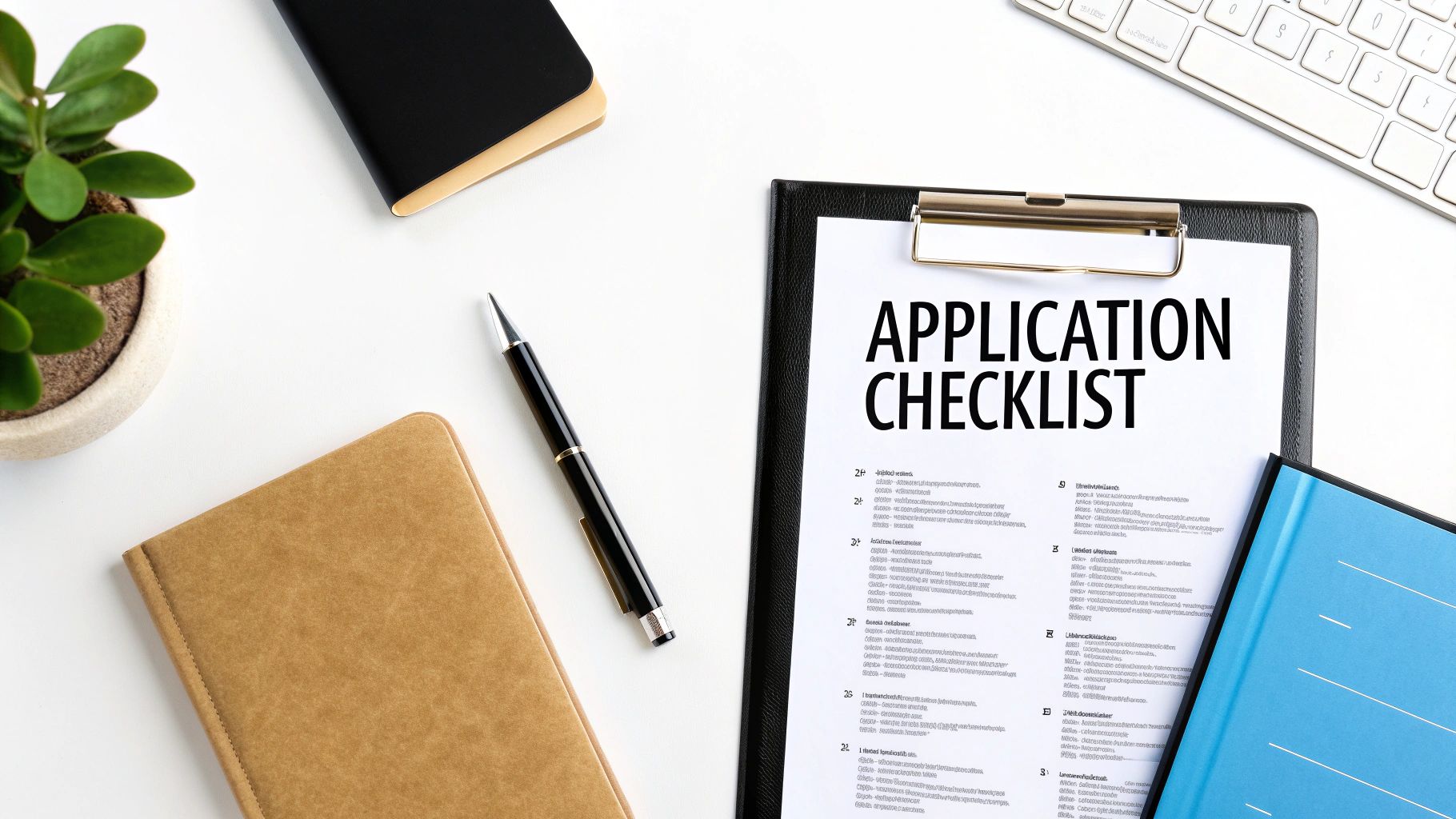 Overhead view of a desk with an 'Application Checklist' document, notebooks, pen, and plant.