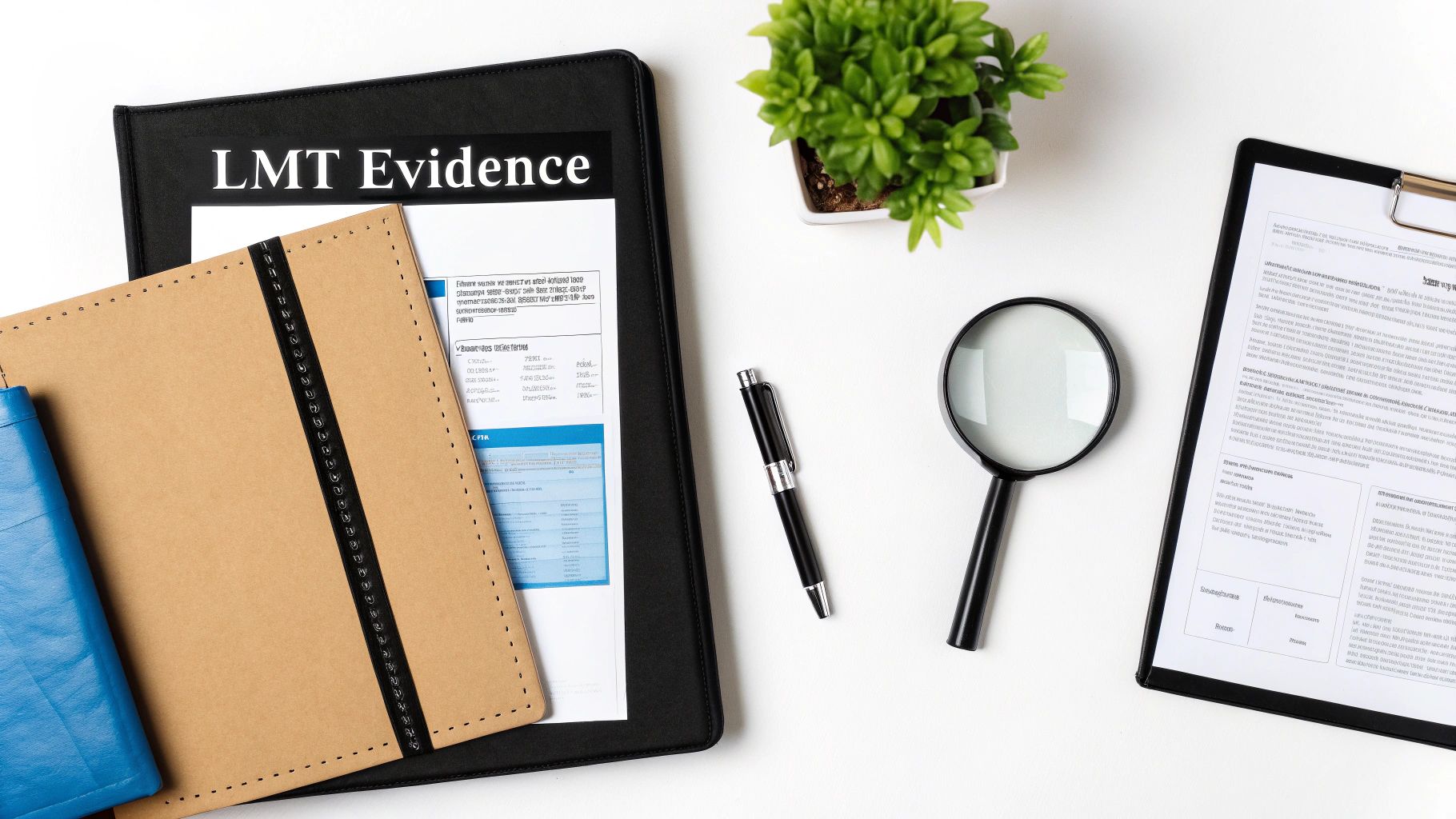 A white desk with an 'LMT Evidence' binder, notebook, magnifying glass, pen, and clipboard.