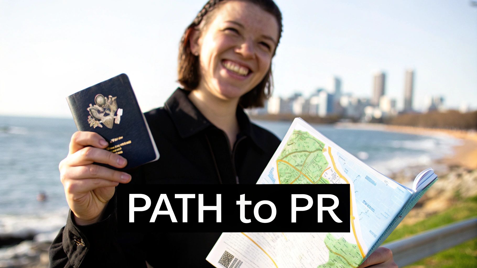 Smiling person holding a US passport and a map, with a city skyline and ocean in the background.