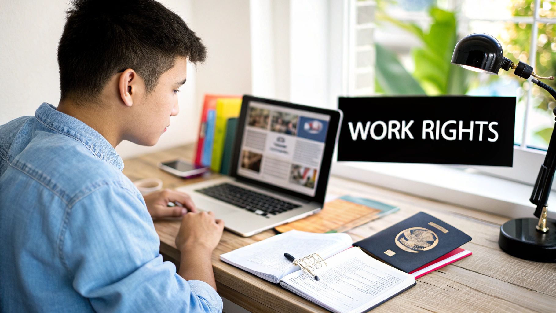 A young student works on a laptop at a desk with a 'WORK RIGHTS' sign in the background.
