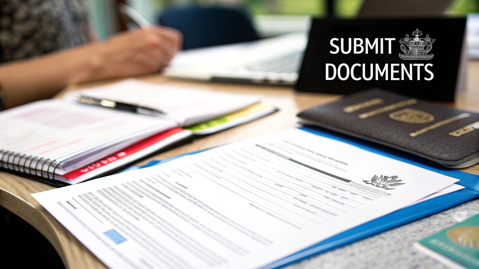 A person is filling out forms and documents on a desk with a 'Submit Documents' sign and a passport.
