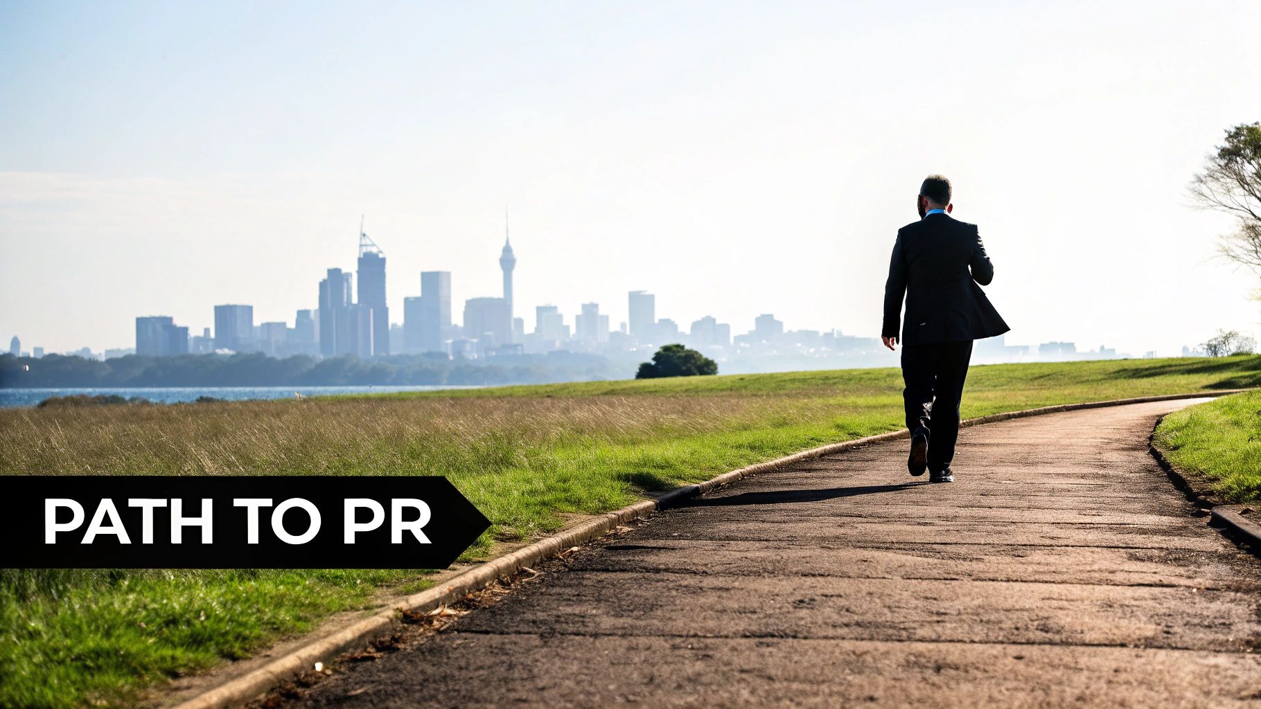 A man in a suit walks along a winding path towards a distant city skyline, with the text 'PATH TO PR'.