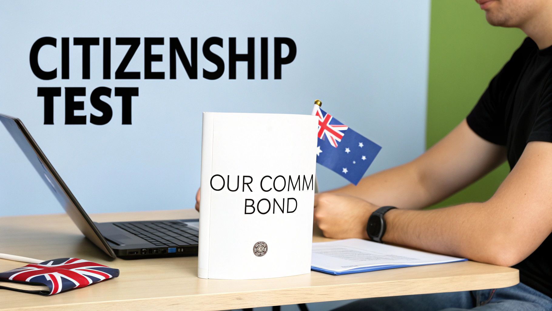 A person studies for an Australian citizenship test with a laptop, book, and flags on a desk.