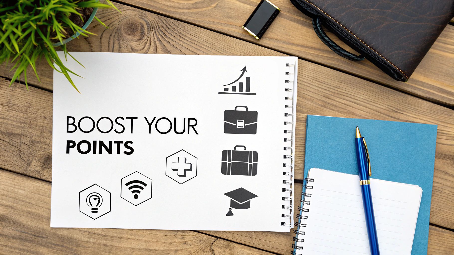 A notebook on a wooden desk displays 'BOOST YOUR POINTS' surrounded by various success and career icons.
