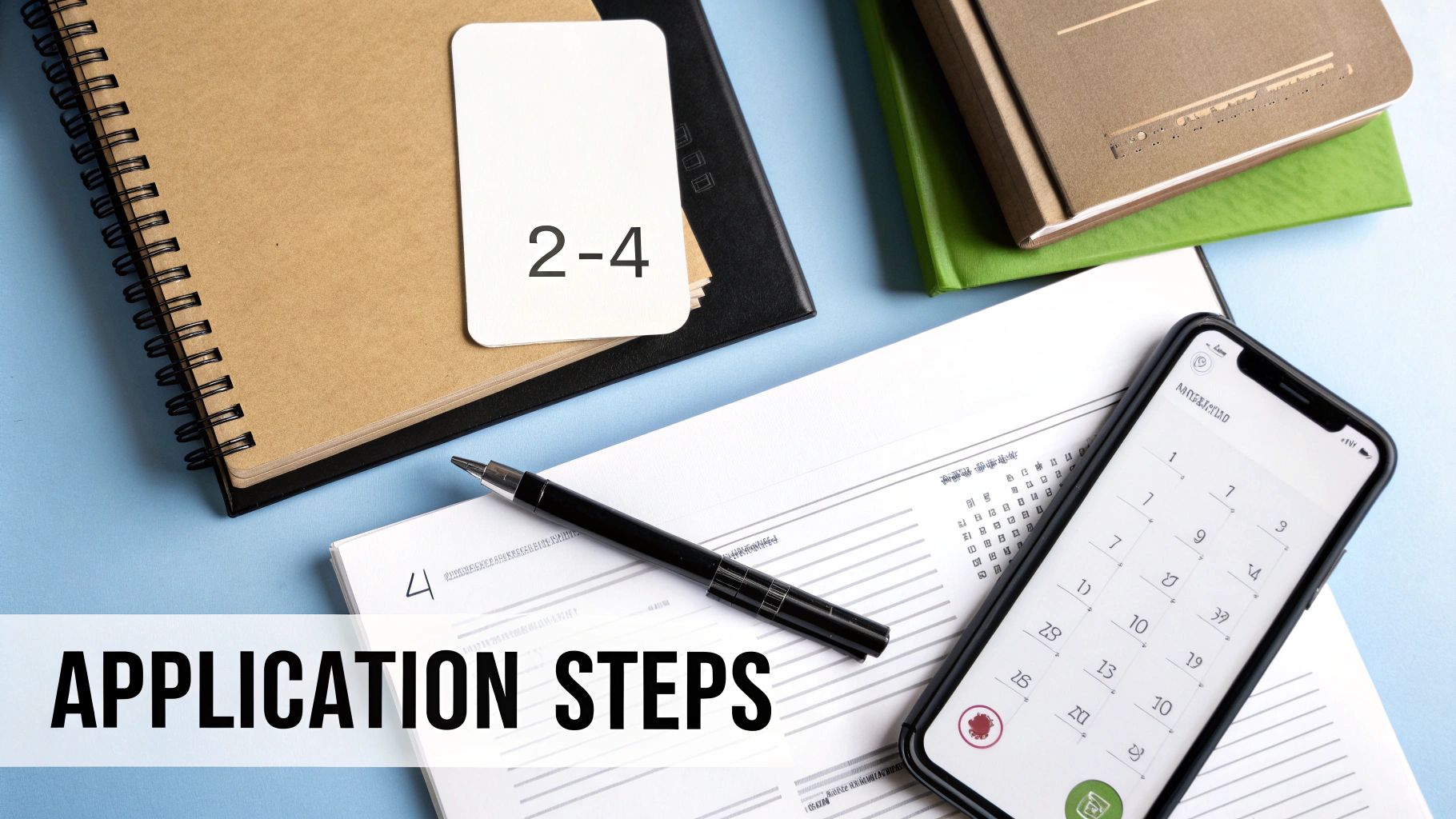 A flat lay of notebooks, a pen, and a smartphone displaying a calendar, with 'APPLICATION STEPS' text.