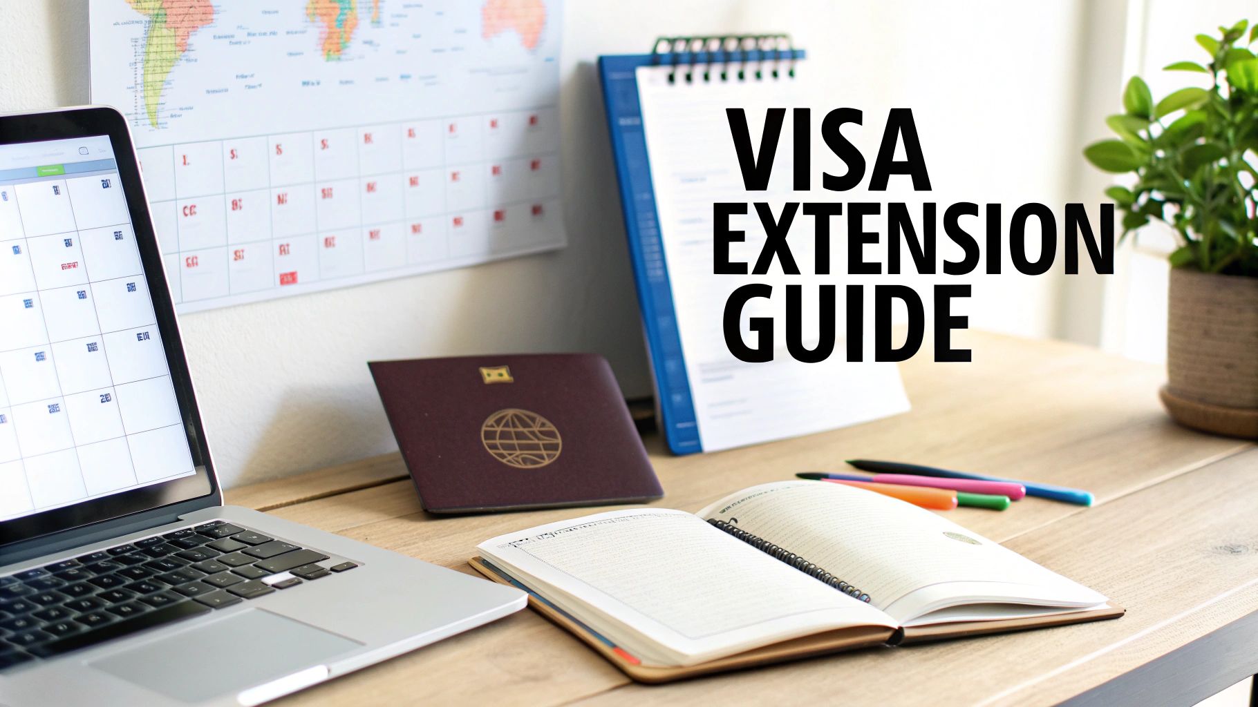 A desk setup with a laptop, passport, calendar, and a 'VISA EXTENSION GUIDE' sign, illustrating travel planning.