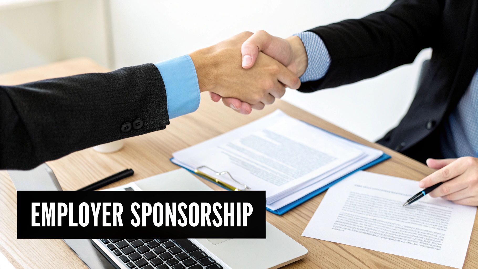 Two business professionals shake hands over a desk with documents, signifying an employer sponsorship agreement.