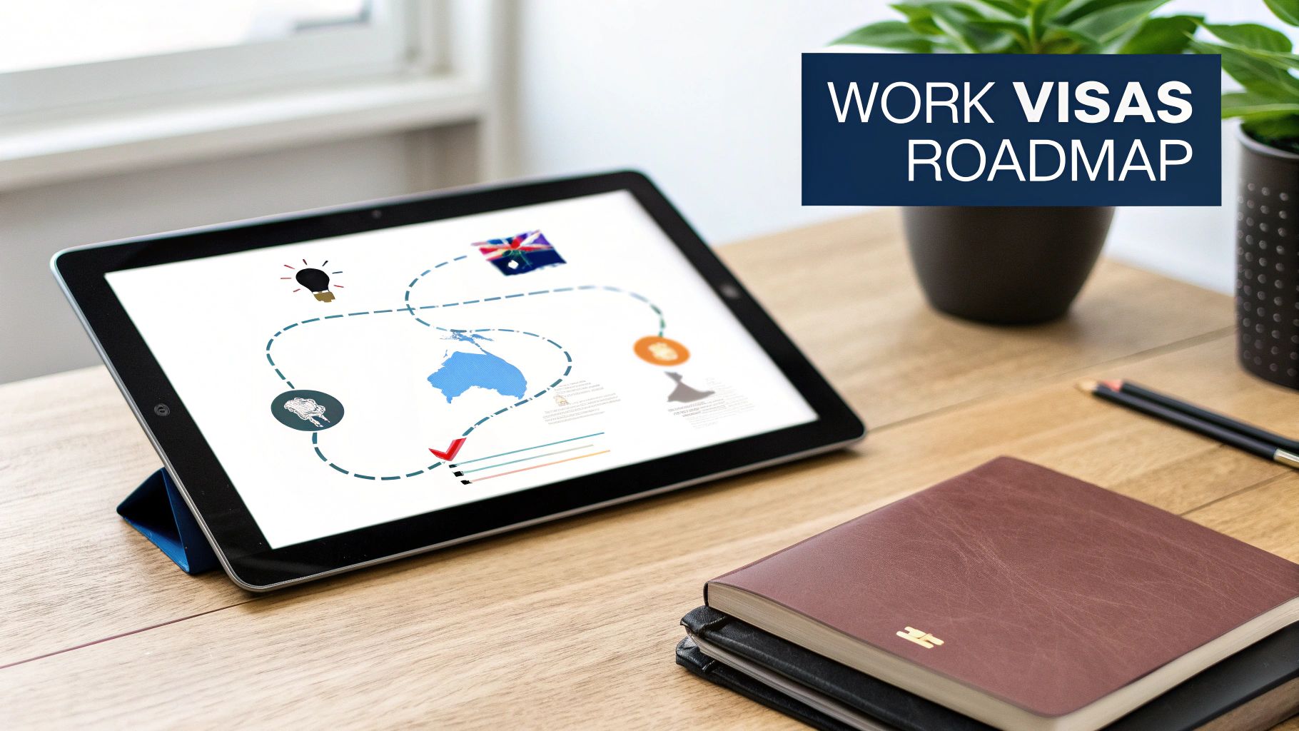 A tablet on a wooden desk displays a "Work Visas Roadmap" with a map of Australia, alongside notebooks and a plant.