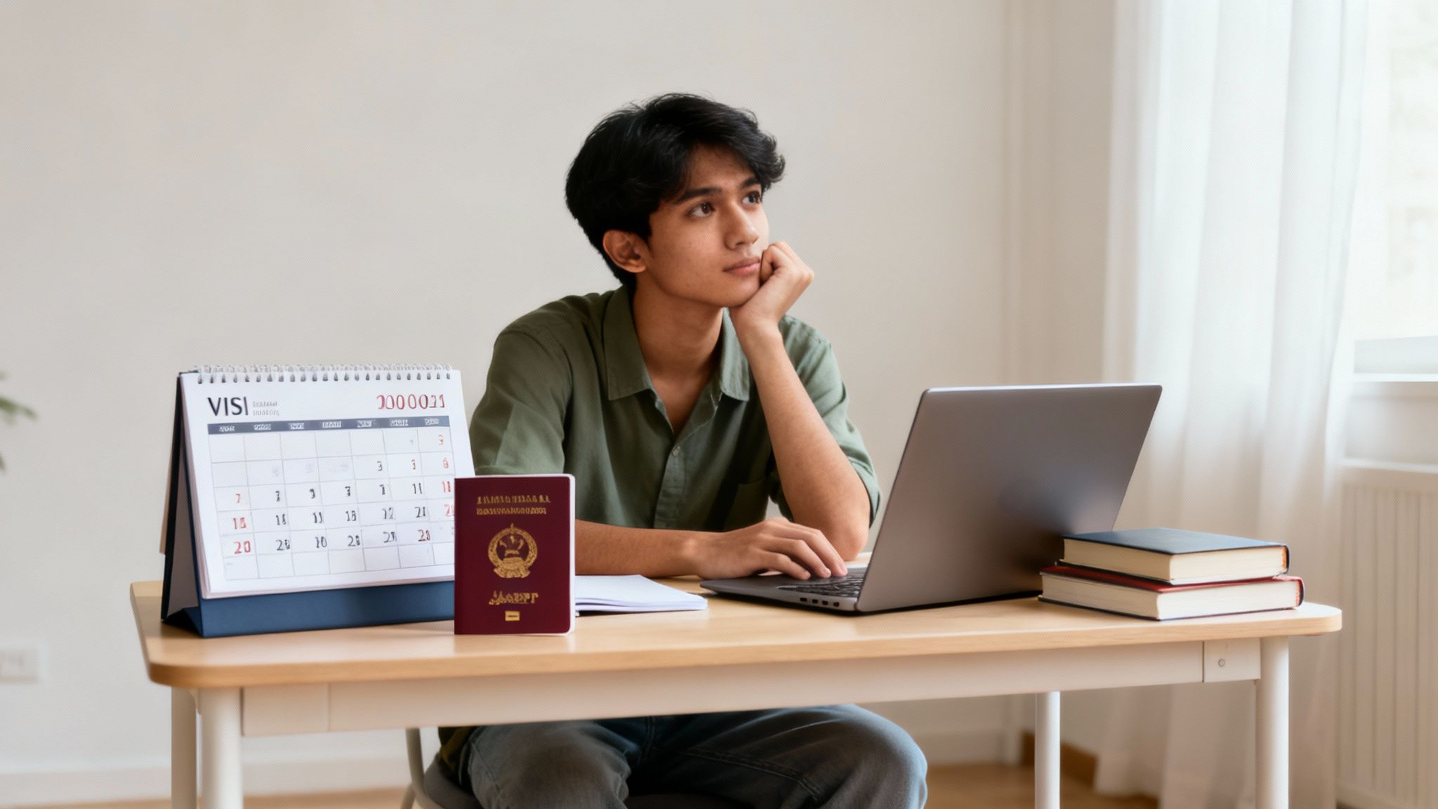A thoughtful young man with a laptop, calendar, and passport at a desk, likely planning.