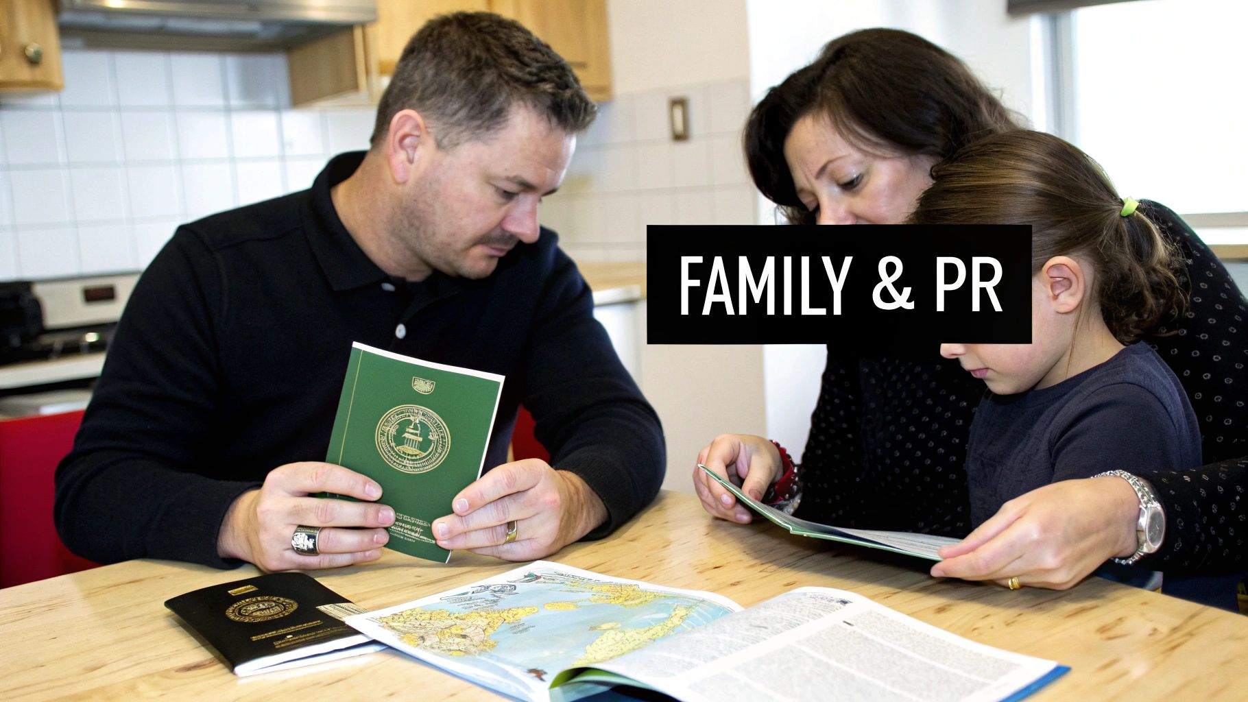 A family (father, mother, child) at a table, looking at passports and a world map, discussing immigration.