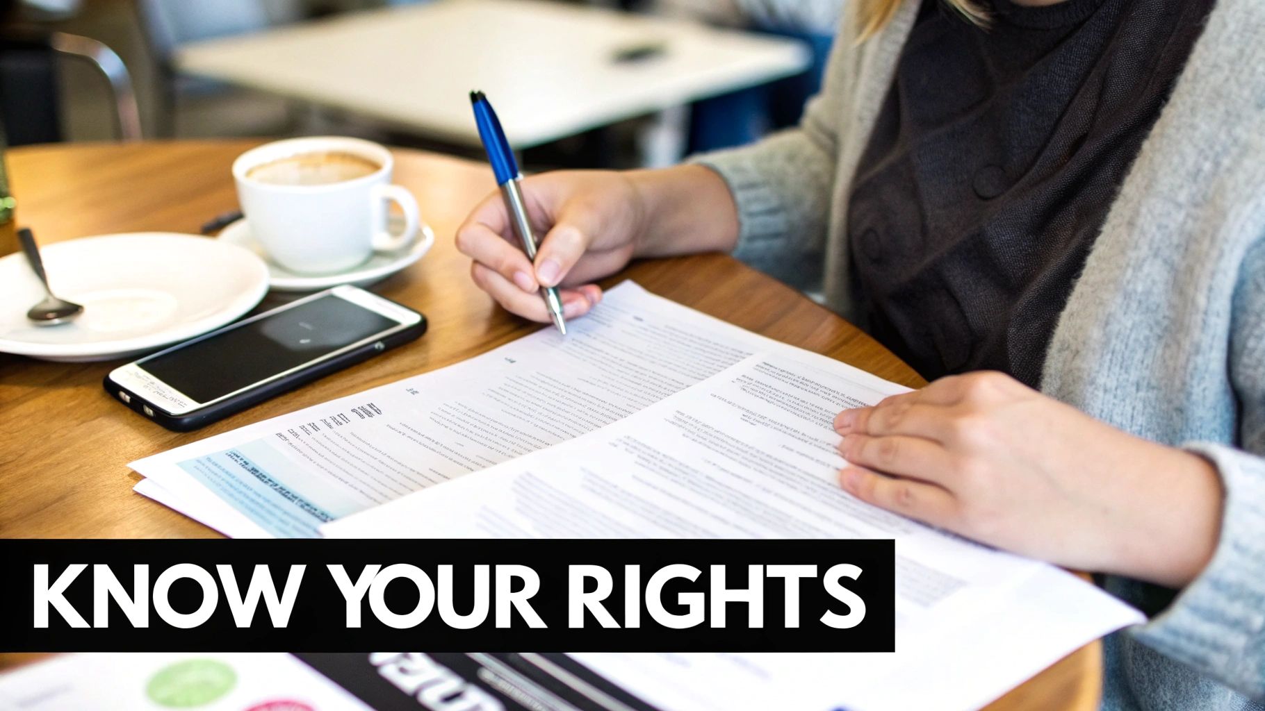 Close-up of a person writing on documents with a pen, a coffee cup, and a smartphone on a wooden table.