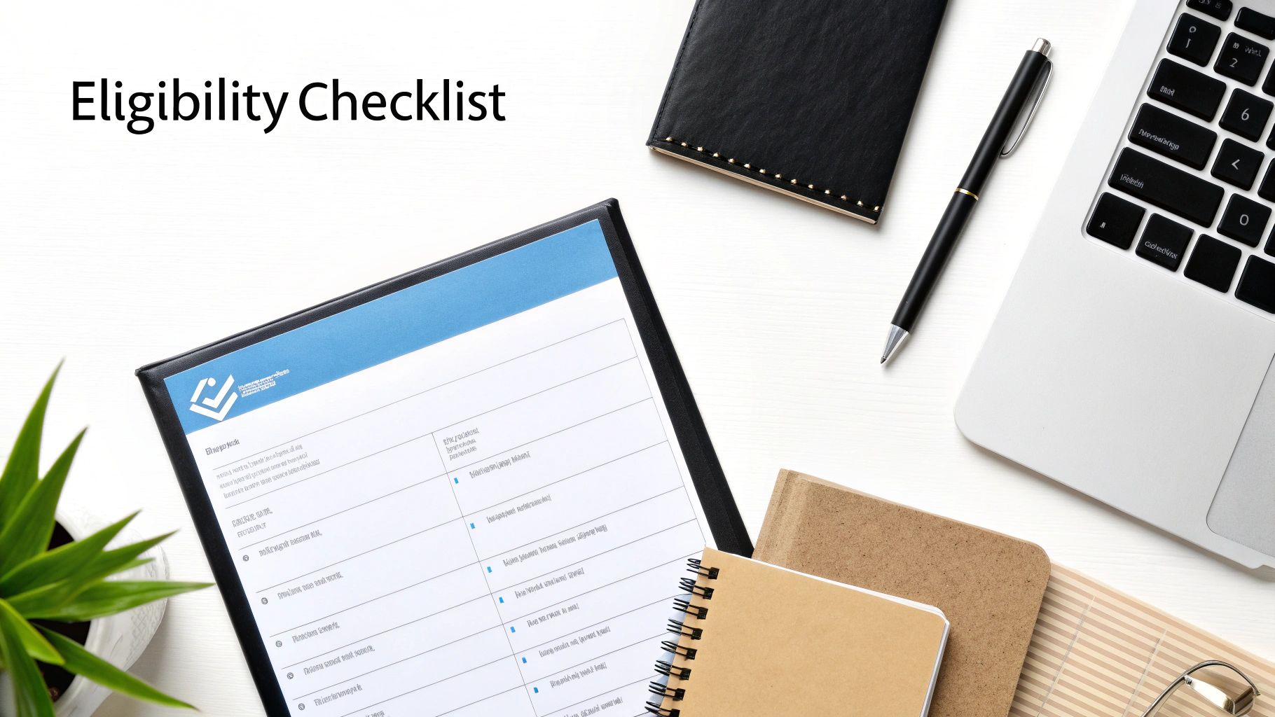 Eligibility Checklist document on a clipboard, surrounded by a laptop, pen, and notebooks on a white desk.