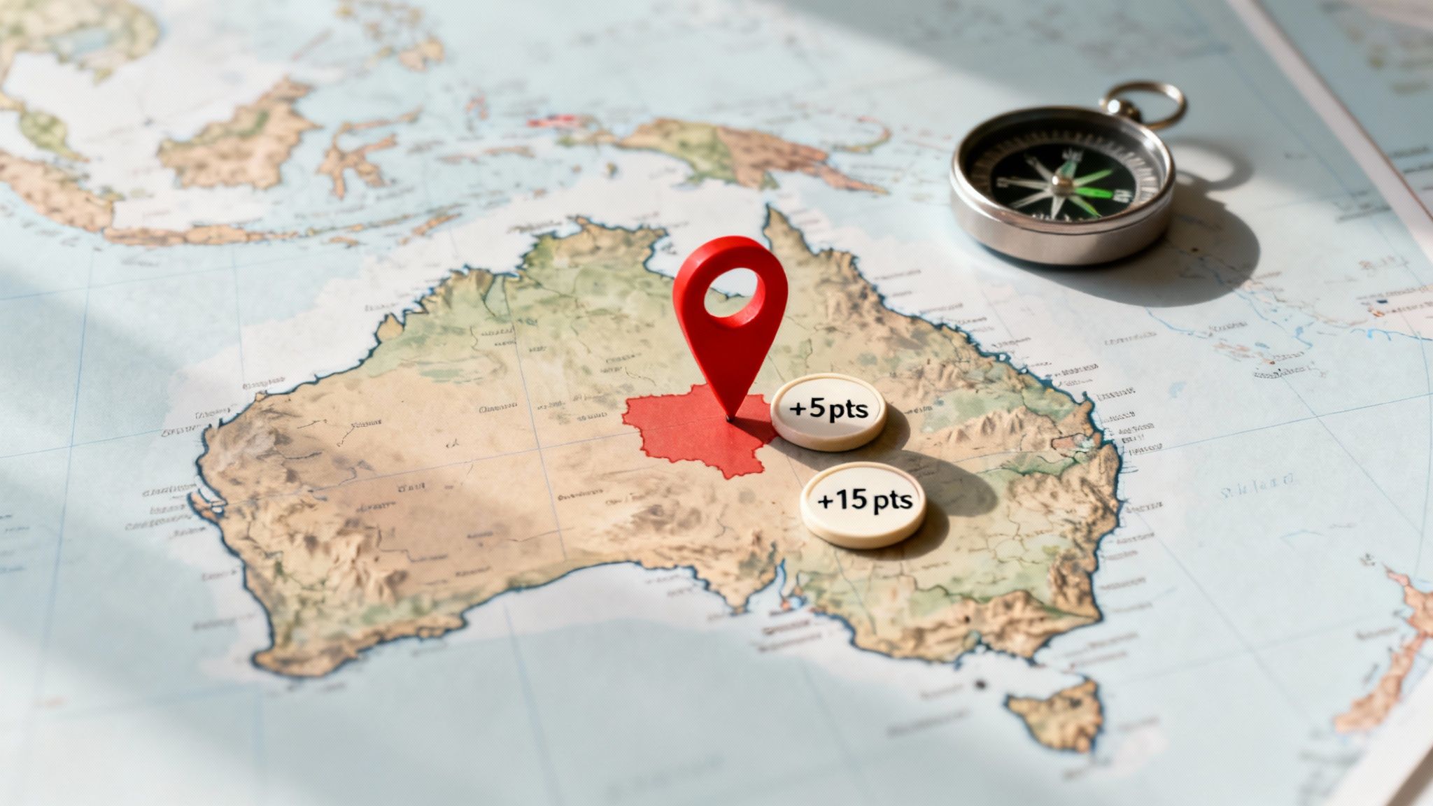 A map of Australia showing a red location pin, point tokens, and a compass.