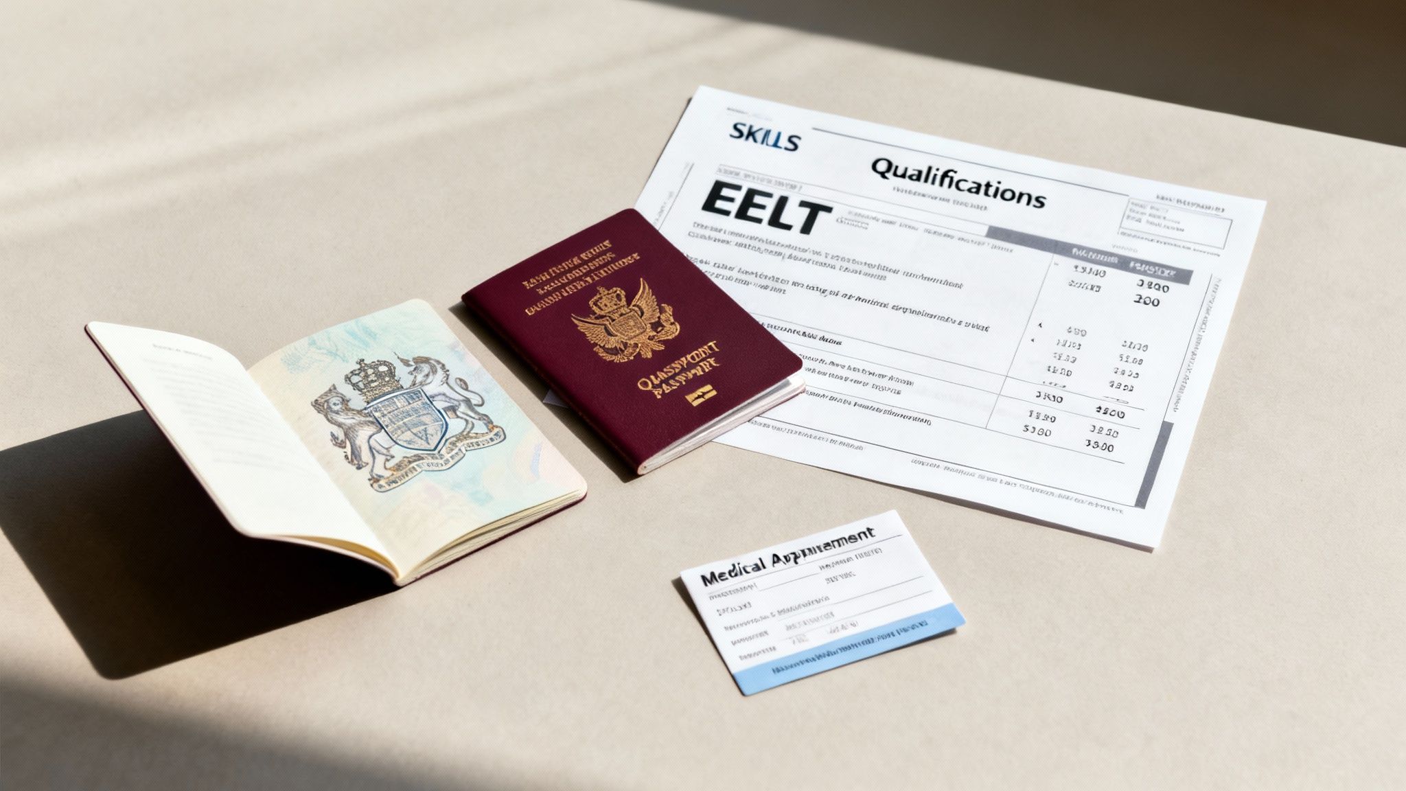 Travel documents including two passports, an EELT qualifications paper, and a medical appointment slip.