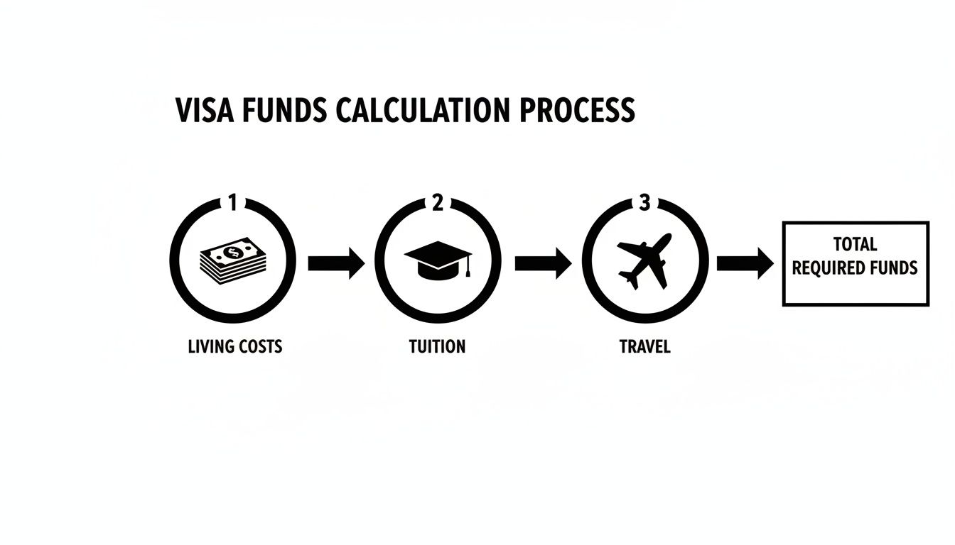 Flowchart illustrating the visa funds calculation process, showing living costs, tuition, and travel expenses leading to total required funds.
