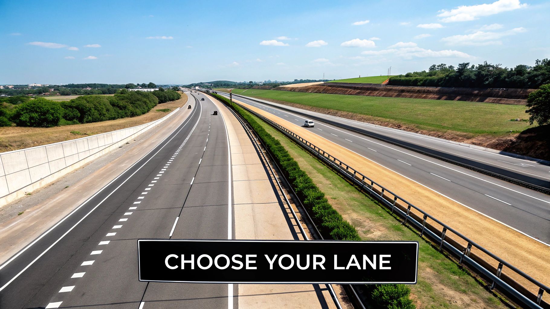 Aerial view of a multi-lane highway with cars, green landscape, and a 'CHOOSE YOUR LANE' sign.