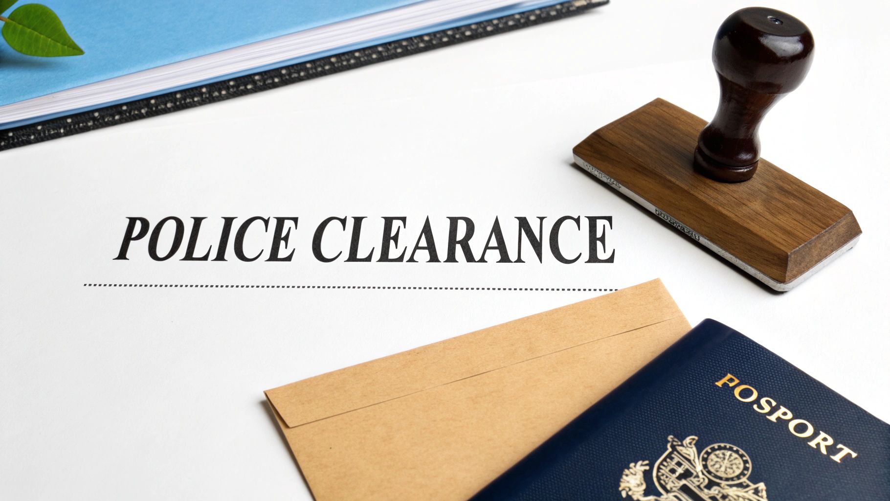 Police Clearance document on a white desk with a passport, envelope, and stamp.