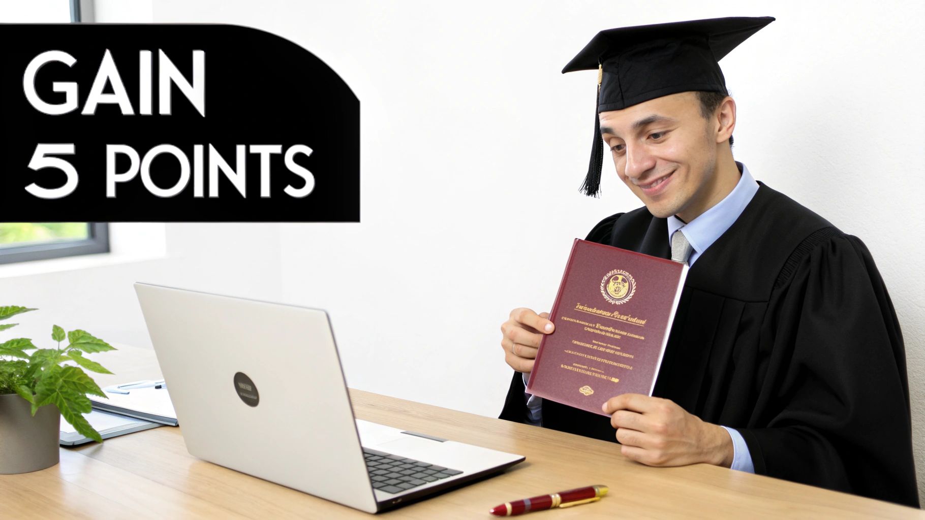 A smiling graduate in cap and gown holds a diploma, sitting at a desk with a laptop and a "GAIN 5 POINTS" sign.
