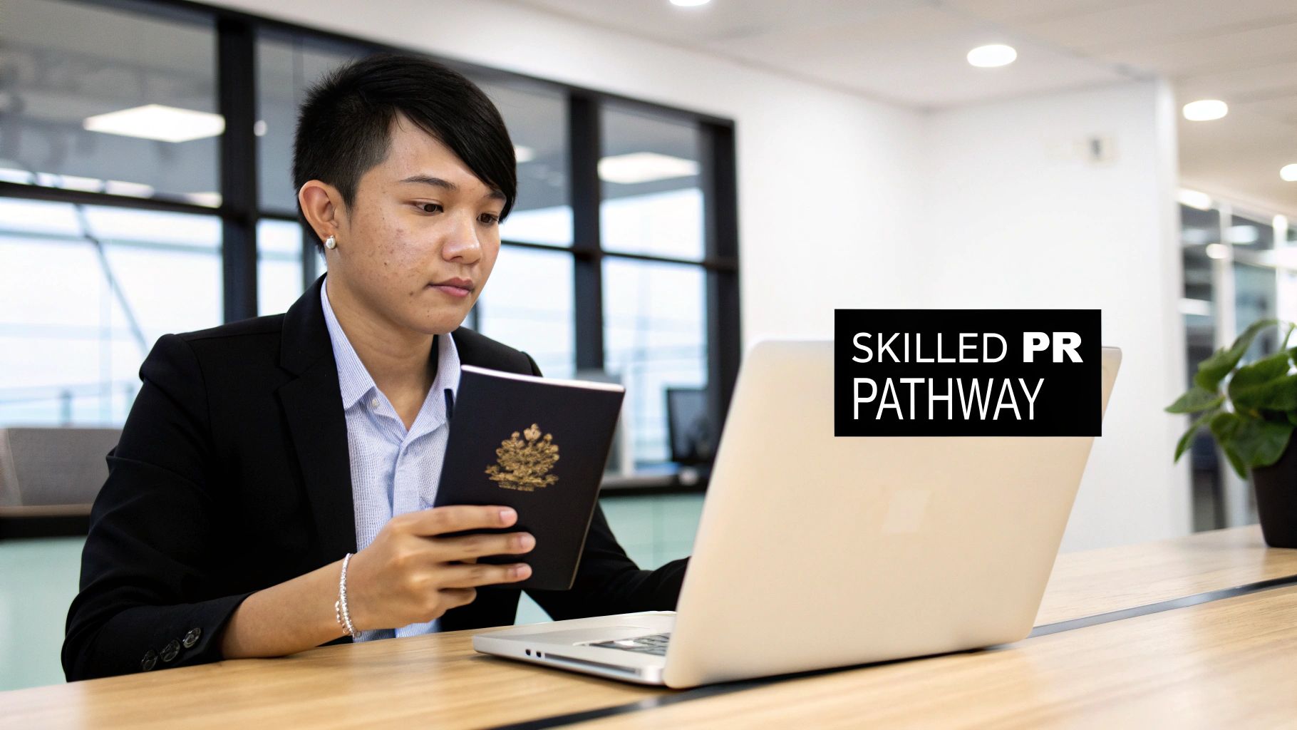 A person in a suit holds a passport, looking at a laptop with 'SKILLED PR PATHWAY' text.