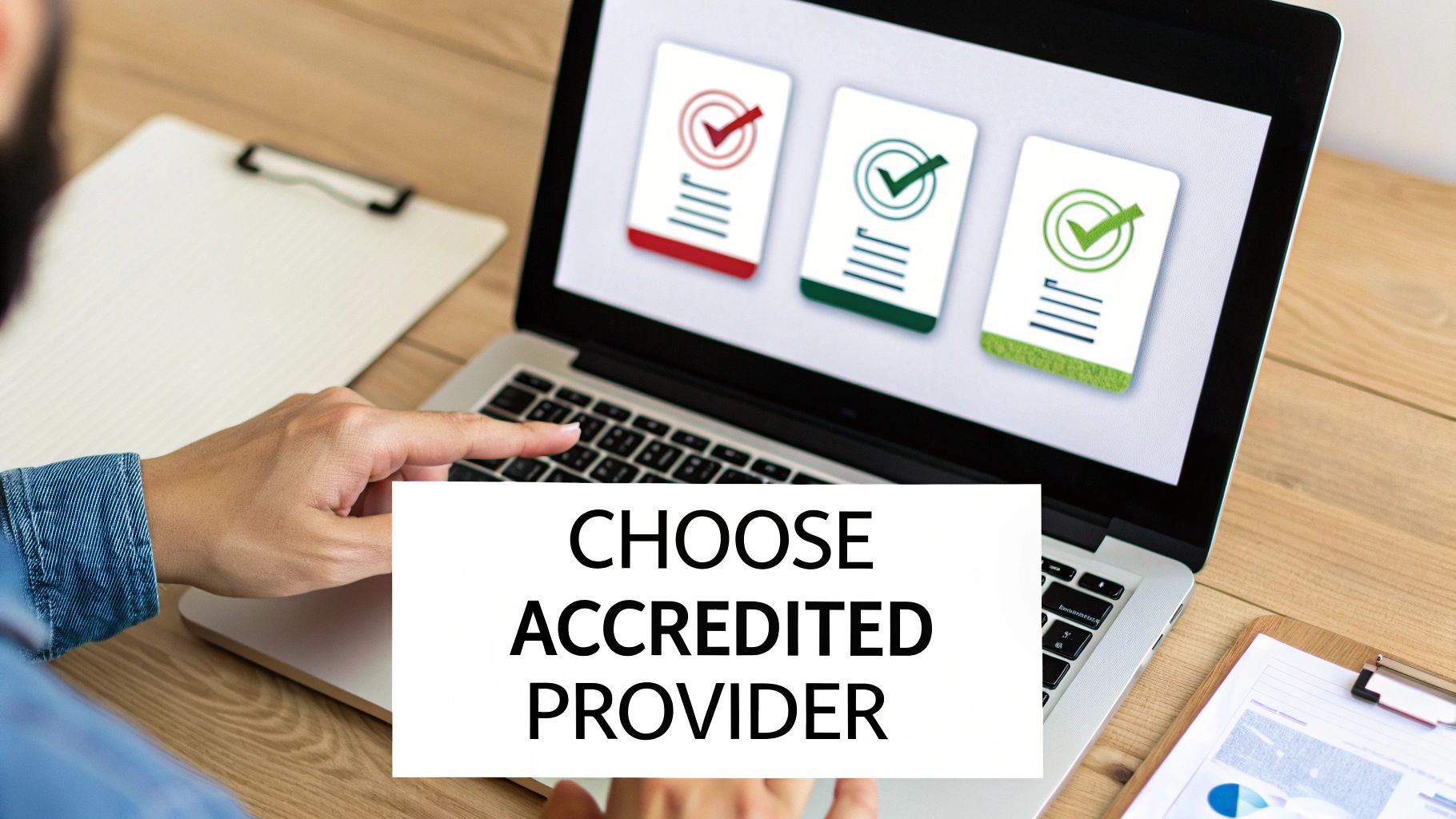 A person choosing an accredited provider on a laptop screen with multiple document options and checkmarks.