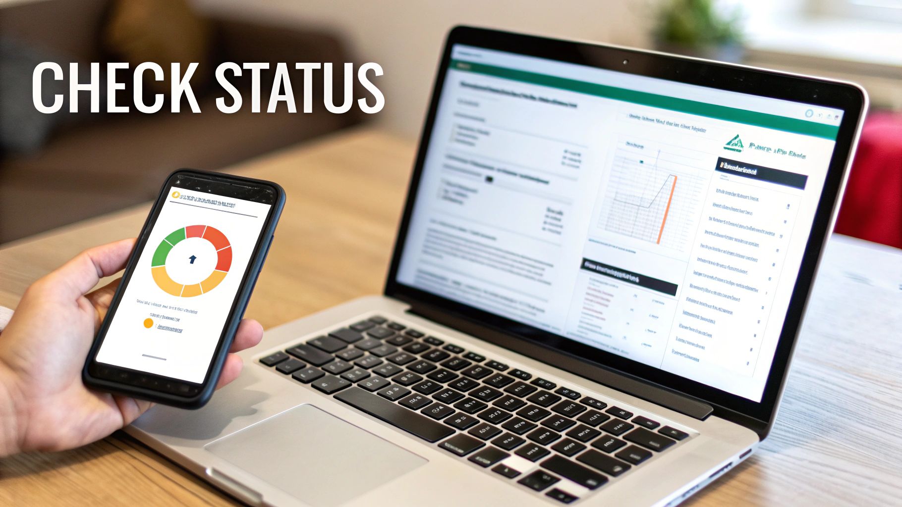 Person checking status on a smartphone with a circular graph and a laptop displaying a data dashboard.