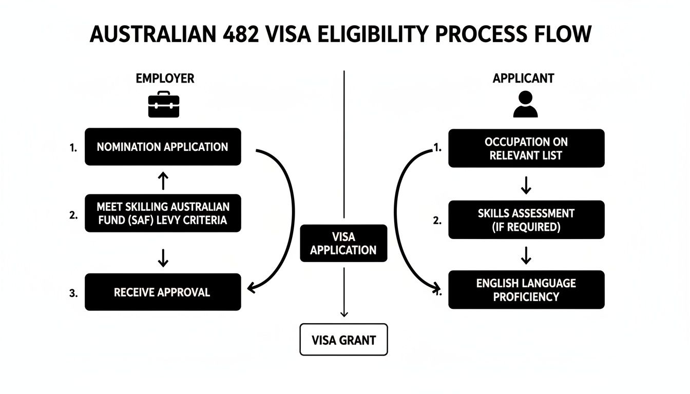 Flowchart detailing the Australian 482 visa eligibility process for employers and applicants, leading to visa grant.