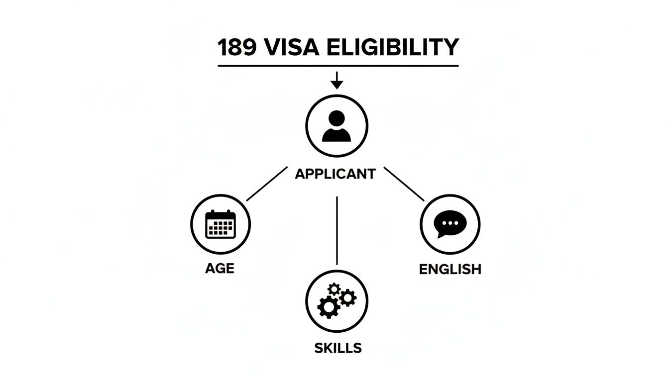 Flowchart illustrating 189 Visa eligibility criteria based on applicant's age, English language, and skills.