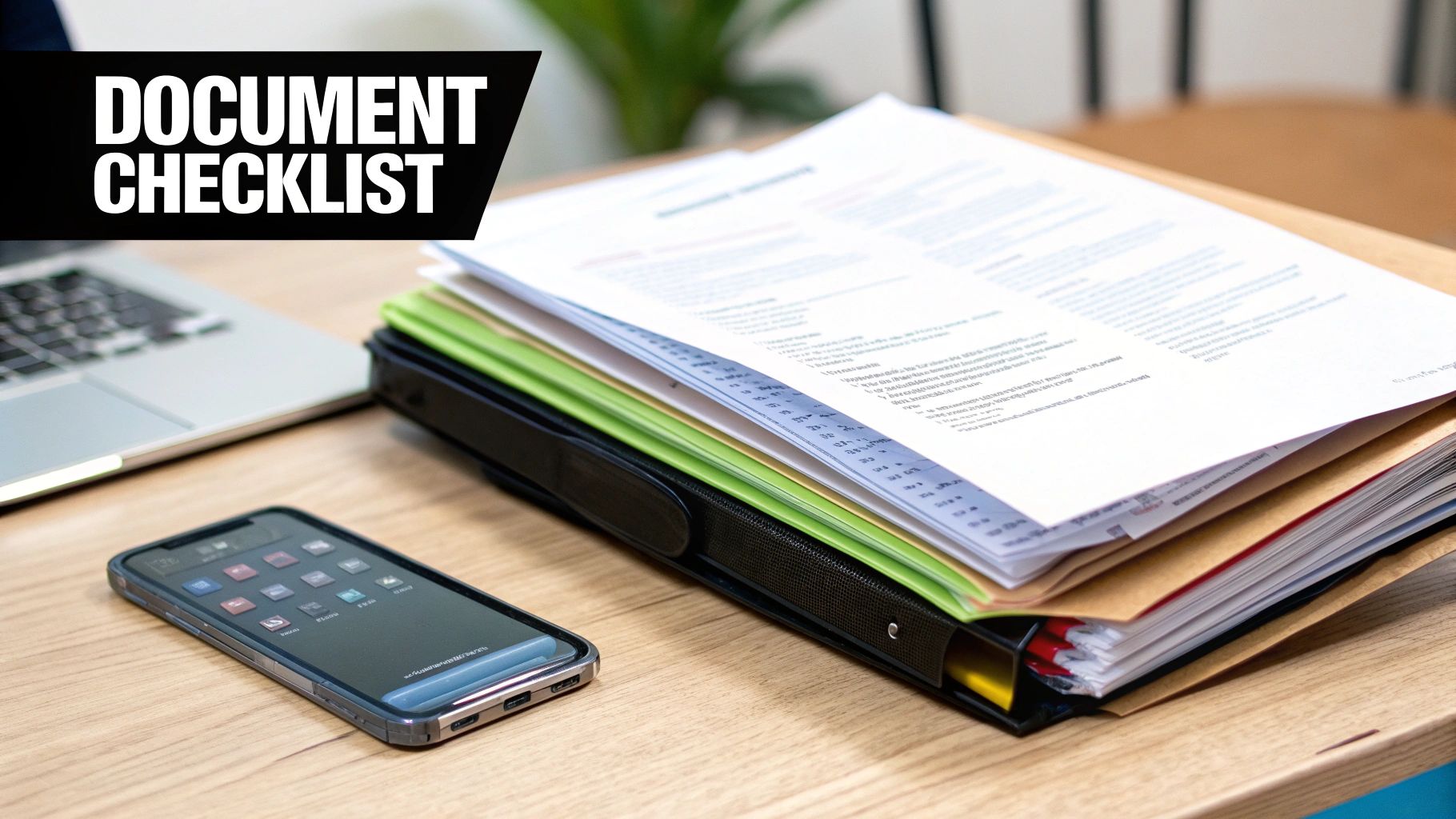 Document checklist banner over a desk with paperwork, laptop, and smartphone for work preparation.