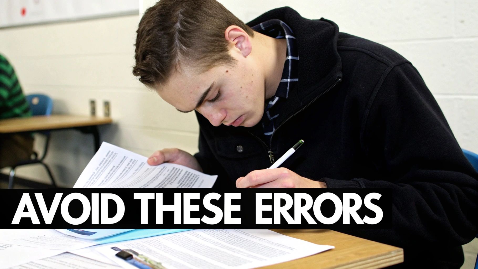 A focused male student in a classroom, wearing a black jacket and plaid shirt, writing on papers with a pen.